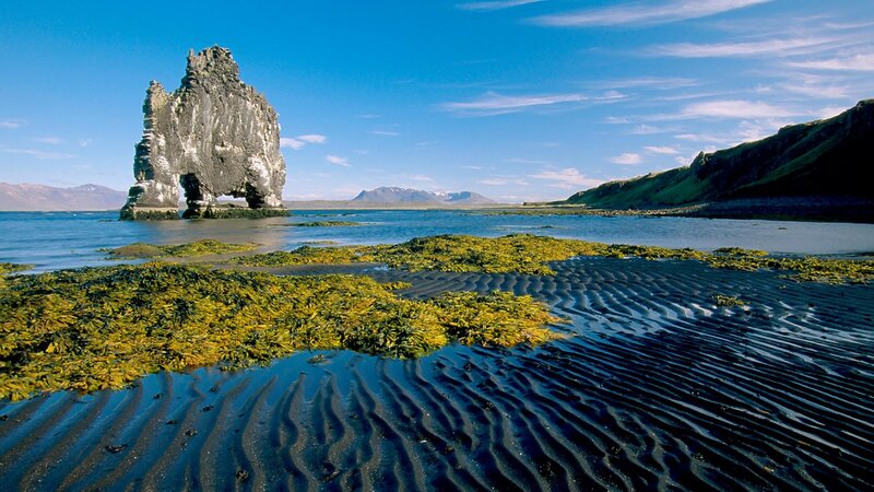 Rock Formation in Water — Blue, Serene, Afternoon, Photograph, Seaweed