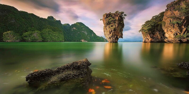 Rock Formation in Water — Green, Serene, Sunset