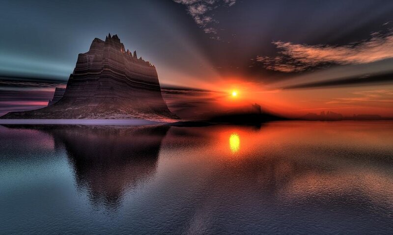 Rock Formation in Water — Orange, Dramatic, Sunset, Digital Art, Sun