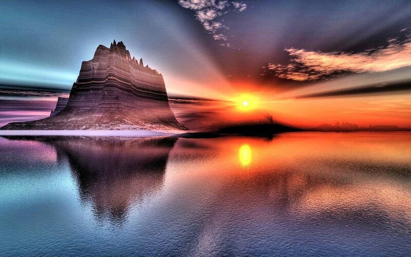 Rock Formation in Water — Orange, Dramatic, Sunset, Digital Art