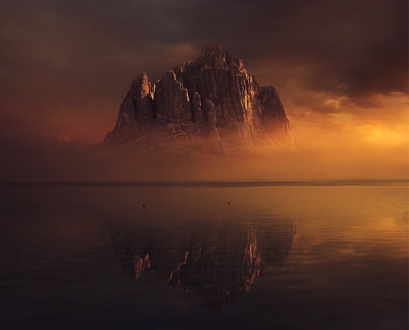 Rock Formation in Water — Orange, Dramatic, Sunset, Photograph