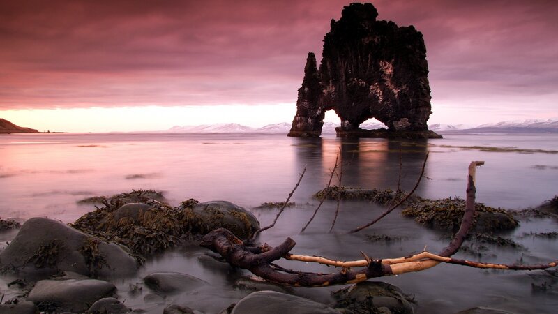 Rock Formation in Water — Purple, Dramatic, Sunset, Photograph
