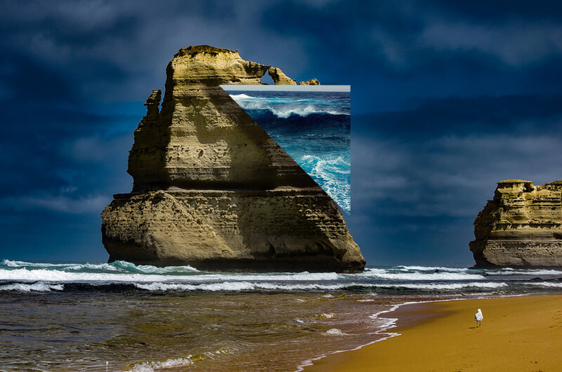 Rock Formation on Beach — Blue, Dramatic, Photograph, Seagull