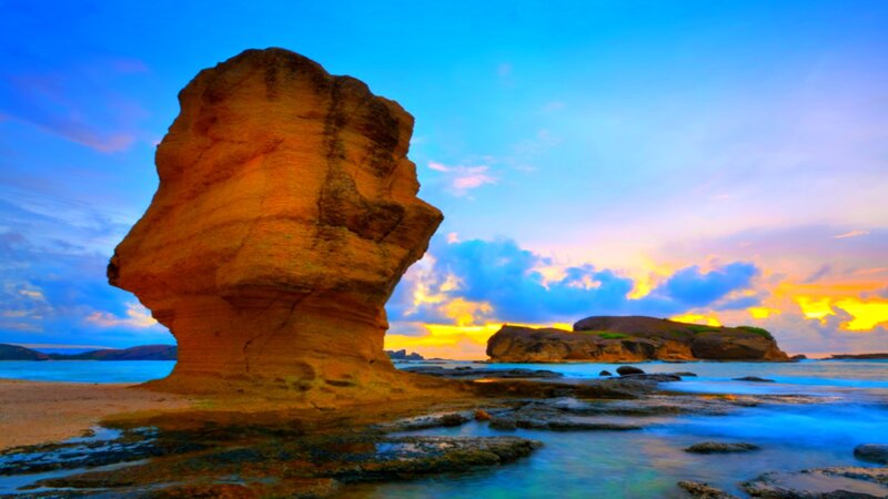 Rock Formation on Beach — Blue, Dramatic, Sunset, Photograph, Ocean, Sky