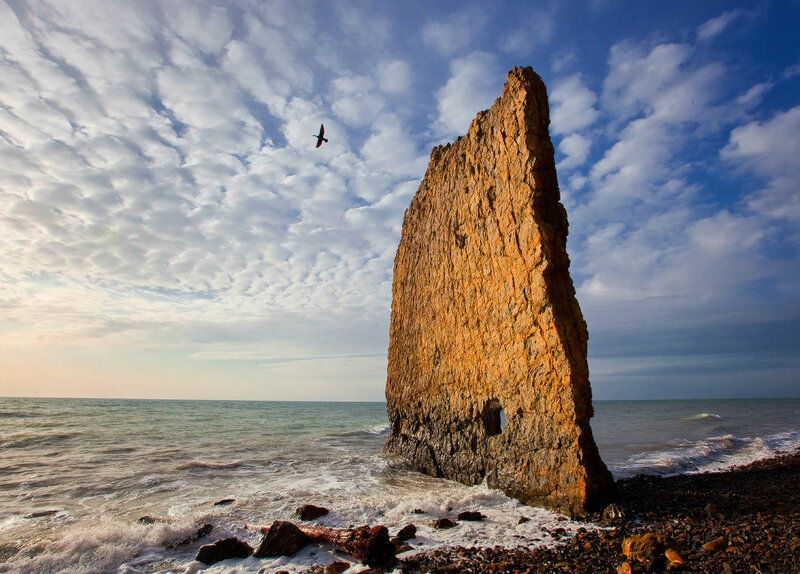 Rock Formation on Beach — Blue, Dramatic, Sunset, Photograph