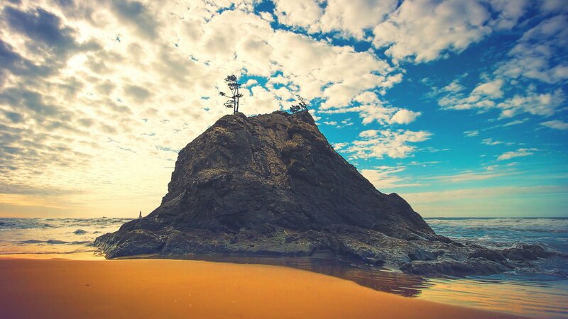 Rock Formation on Beach — Blue, Dramatic, Sunset, Photograph, Tree, Ocean, Sky