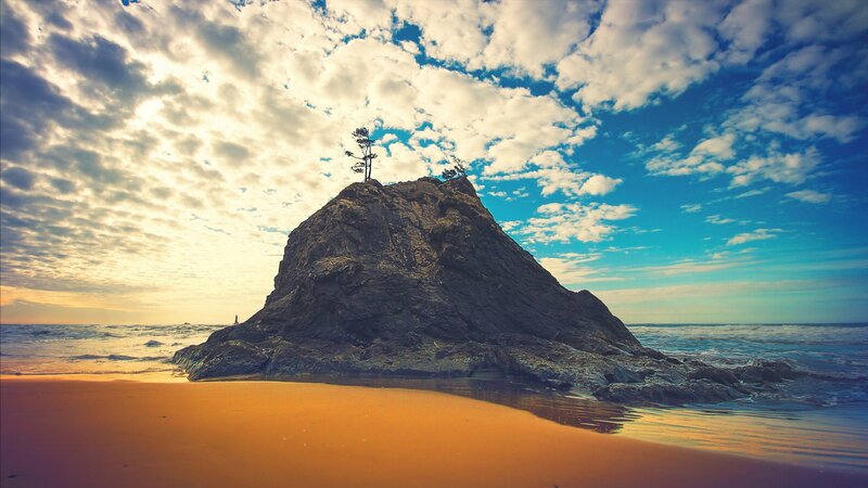Rock Formation on Beach — Blue, Dramatic, Sunset, Photograph, Tree