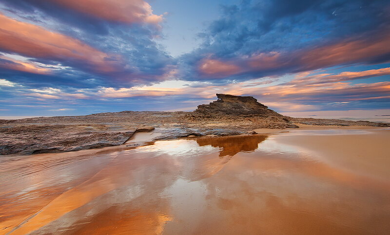 Rock Formation on Beach — Blue, Dramatic, Sunset