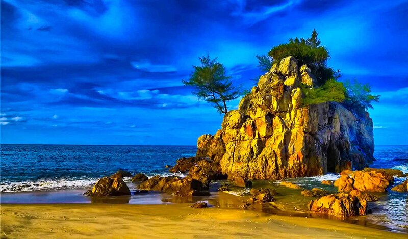 Rock Formation on Beach — Blue, Dramatic