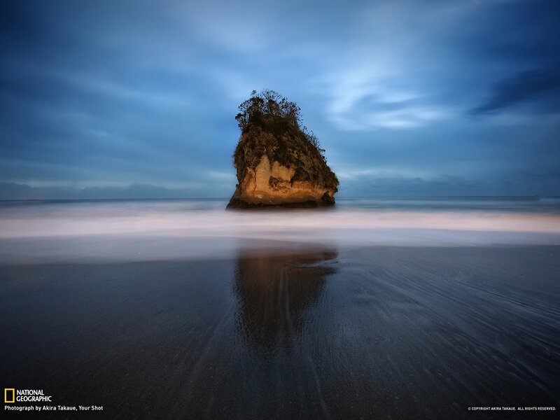 Rock Formation on Beach — Blue, Serene, Night