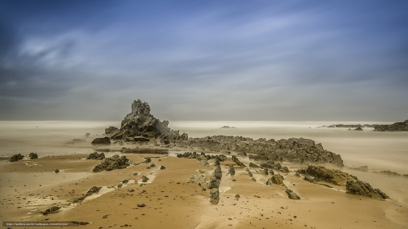 Rock Formation on Beach — Blue, Serene, Photograph, Sand