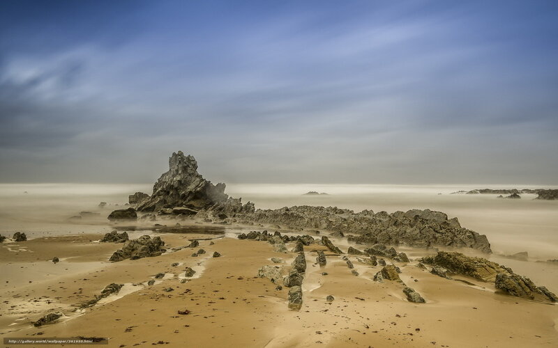 Rock Formation on Beach — Blue, Serene, Photograph