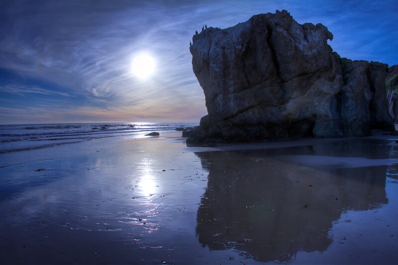 Rock Formation on Beach — Blue, Serene, Sunset