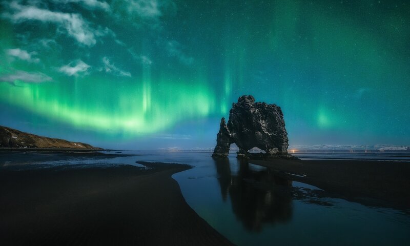 Rock Formation on Beach — Green, Dramatic