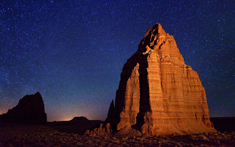 Rock Formation under Stars — Blue, Serene, Night, Photograph, Desert