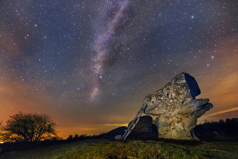 Rock Formation under Stars — Blue, Serene, Night, Photograph, Ladder