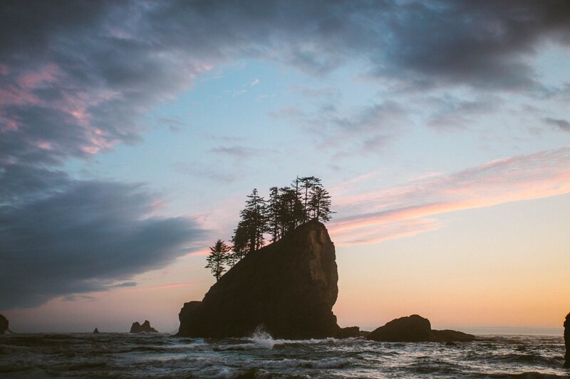Rock Formation with Trees — Blue, Serene, Sunset, Photograph