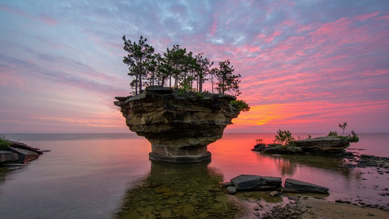 Rock Formation with Trees — Pink, Serene, Sunset