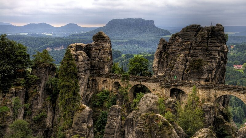 Rock Formations and Bridge — Green, Dramatic, Afternoon