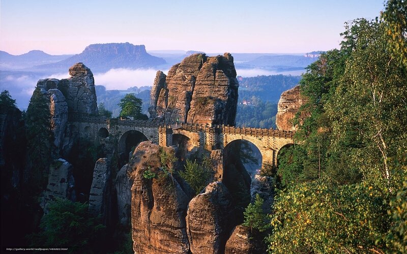 Rock Formations and Bridge — Green, Serene, Morning