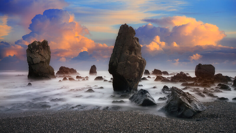 Rock Formations at Beach — Blue, Dramatic, Sunset