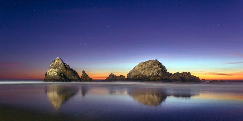 Rock Formations at Beach — Blue, Serene, Night, Photograph