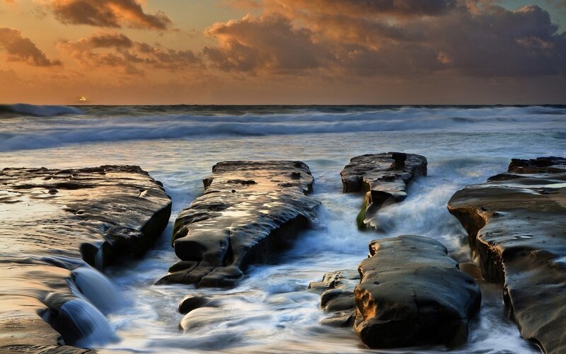 Rock Formations at Beach — Orange, Dramatic, Sunset, Photograph, Ocean