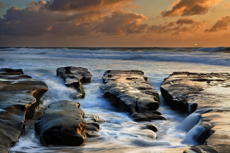 Rock Formations at Beach — Orange, Dramatic, Sunset, Photograph