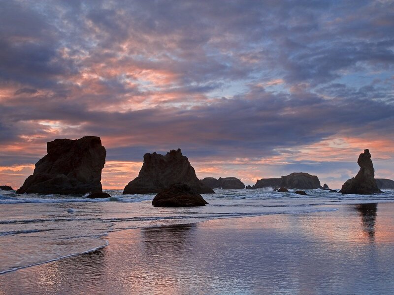 Rock Formations at Beach — Purple, Dramatic, Sunset, Photograph, Ocean, Sky