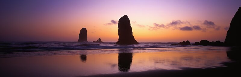 Rock Formations at Beach — Purple, Serene, Sunset, Photograph, Ocean