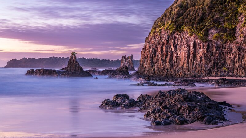 Rock Formations at Beach — Purple, Serene, Sunset