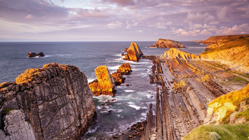 Rock Formations at Coast — Purple, Dramatic, Sunset, Photograph