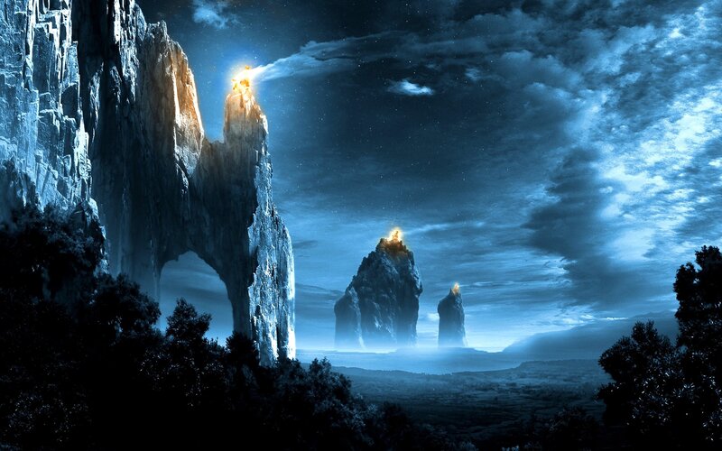 Rock Formations at Night — Blue, Dramatic, Digital Art, Mountains
