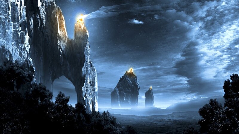 Rock Formations at Night — Blue, Dramatic, Digital Art, Mountains, Trees, Sky, Black, Yellow