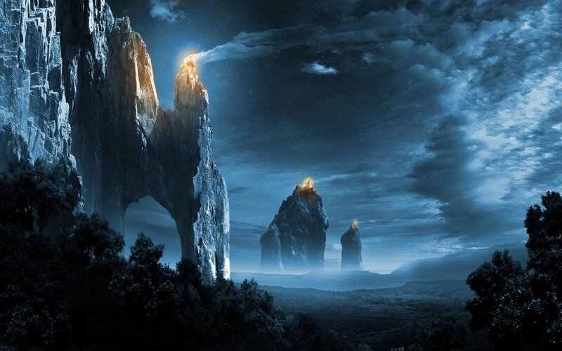 Rock Formations at Night — Blue, Dramatic, Digital Art, Mountains, Trees, Sky