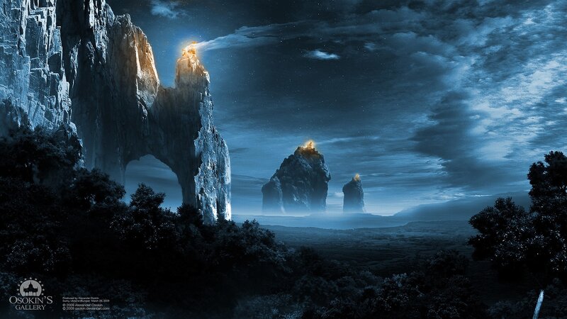 Rock Formations at Night — Blue, Dramatic, Digital Art, Mountains, Trees