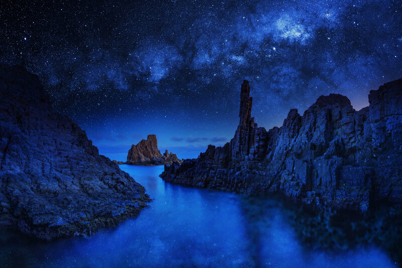 Rock Formations at Night — Blue, Serene, Photograph