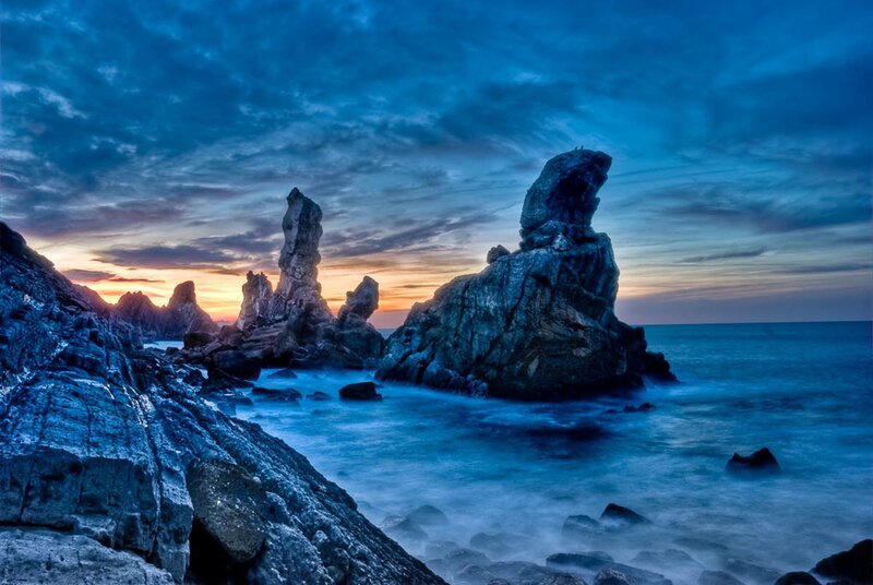 Rock Formations at Sunset — Blue, Dramatic, Photograph, Ocean, Sky