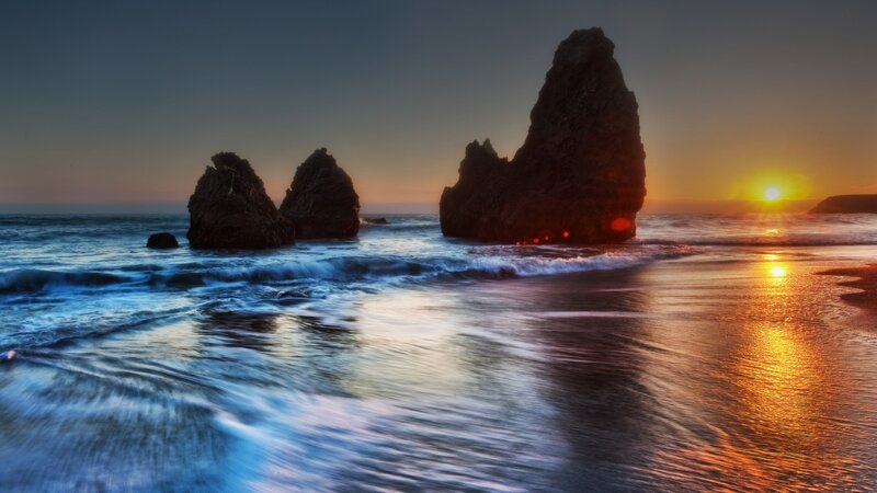 Rock Formations at Sunset — Blue, Dramatic, Photograph, Ocean
