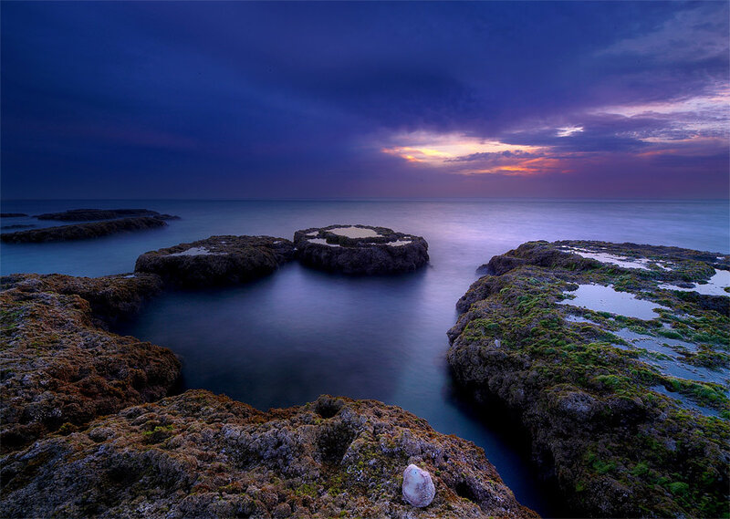 Rock Formations at Sunset — Blue, Dramatic, Photograph, Rocks, Sea