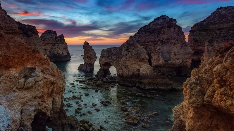 Rock Formations at Sunset — Blue, Dramatic, Photograph, Sea