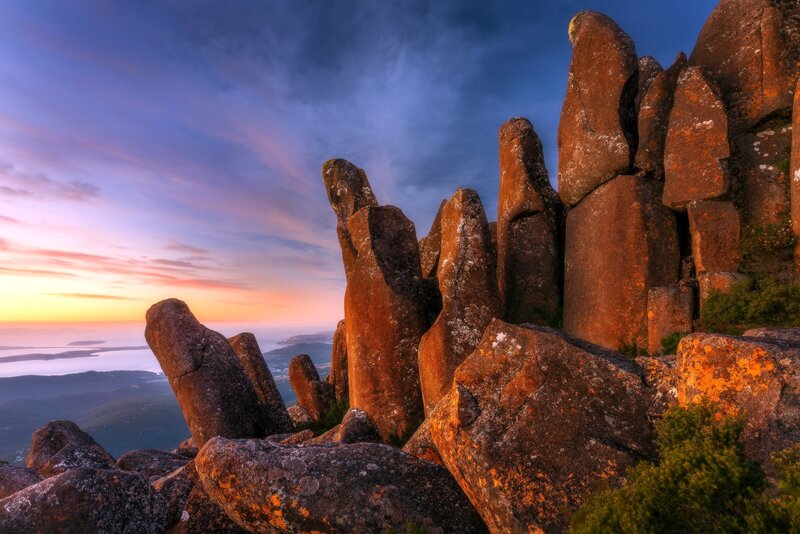 Rock Formations at Sunset — Blue, Dramatic, Photograph, Sky, Mountain