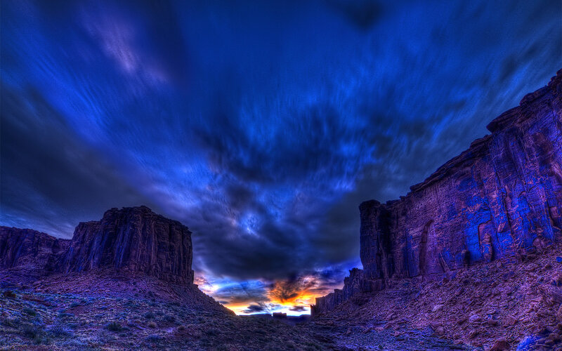 Rock Formations at Sunset — Blue, Dramatic, Photograph, Sky