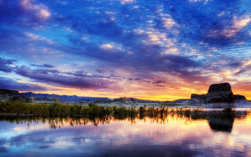 Rock Formations at Sunset — Blue, Dramatic, Photograph, Sky, Water