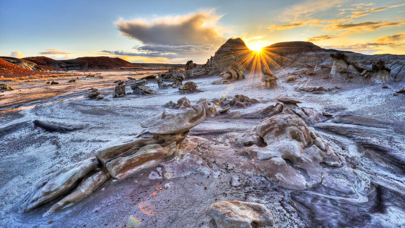 Rock Formations at Sunset — Blue, Dramatic, Photograph, Sun, Clouds, Desert