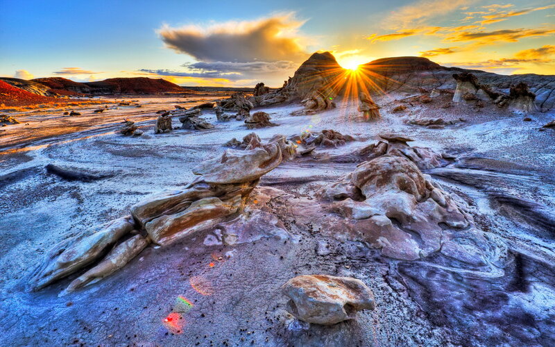 Rock Formations at Sunset — Blue, Dramatic, Photograph, Sun, Clouds