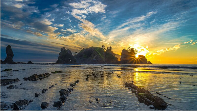 Rock Formations at Sunset — Blue, Dramatic, Photograph, Sun, Ocean, Sky