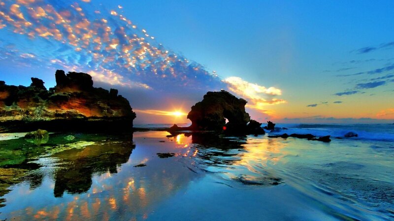 Rock Formations at Sunset — Blue, Dramatic, Photograph, Sun, Ocean