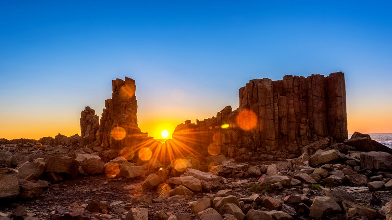 Rock Formations at Sunset — Blue, Dramatic, Photograph, Sun, Sky, Rocks