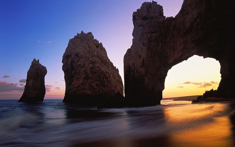 Rock Formations at Sunset — Blue, Serene, Photograph, Ocean, Sky, Beach